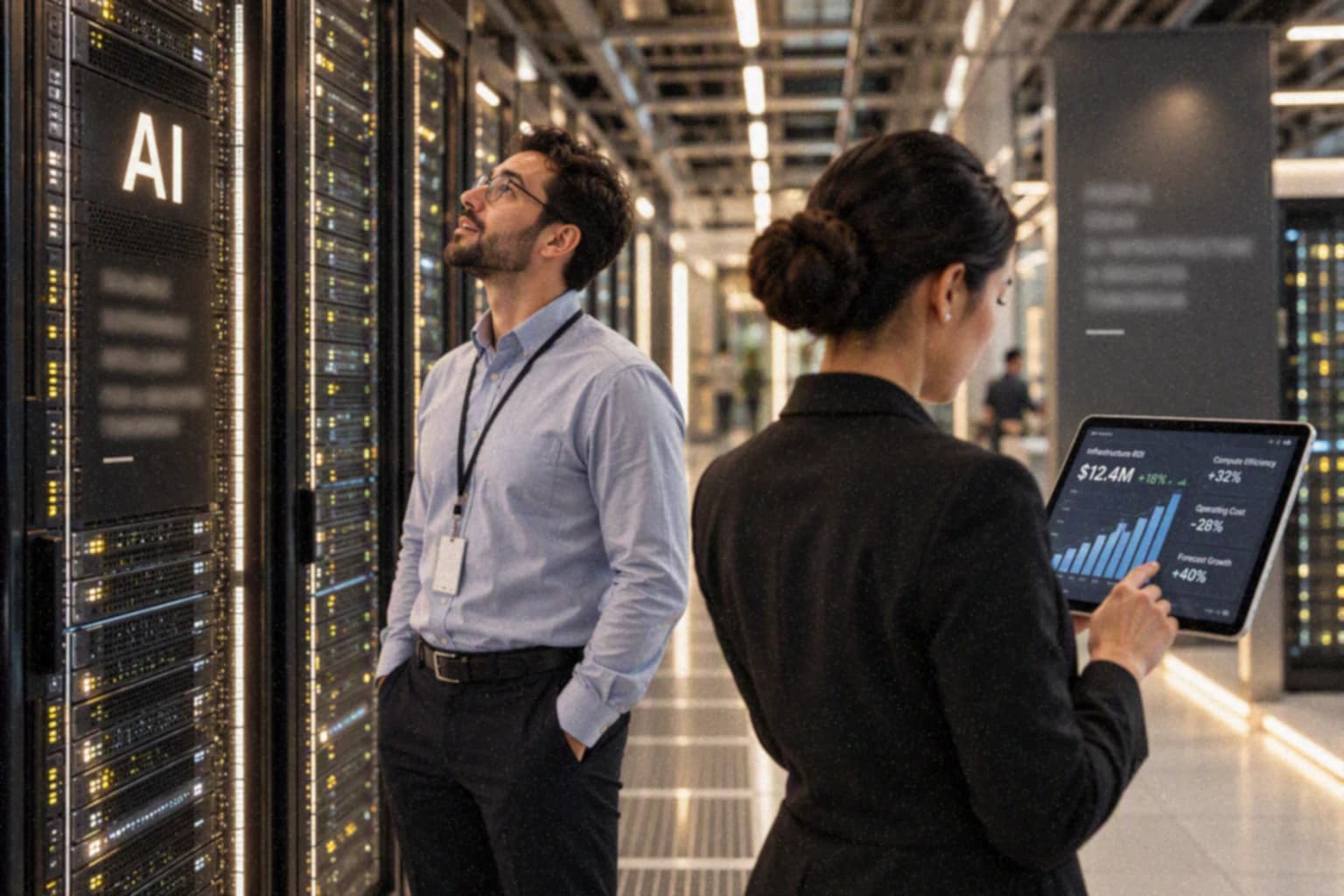 Two professionals reviewing AI infrastructure in a data centre